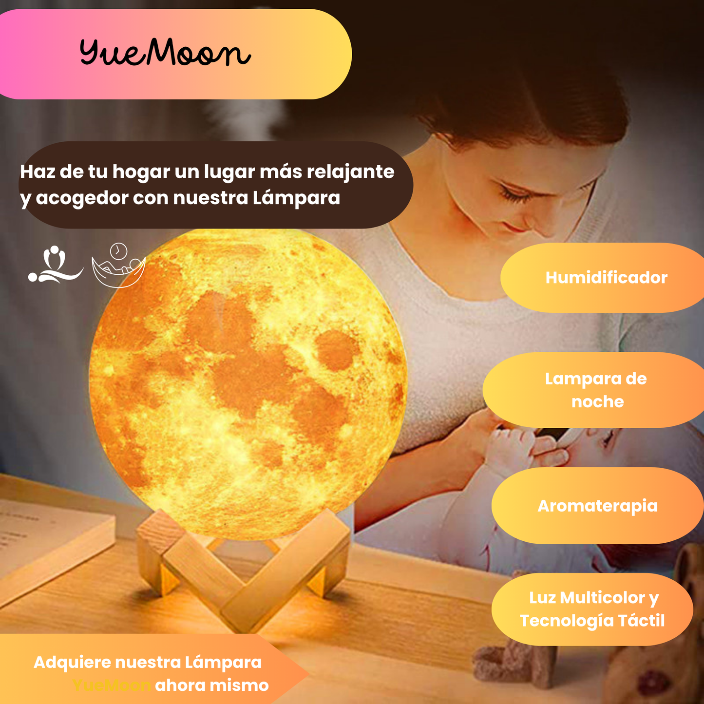 YueMoon - Humidificador Luna Lampara Difusor 3D